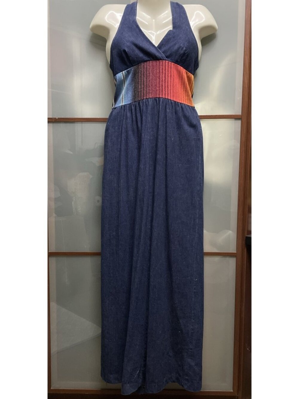 Vintage 70's Blue Denim Halter Maxi Sun Dress Size 7/8 Retro Hippie Boho Disco